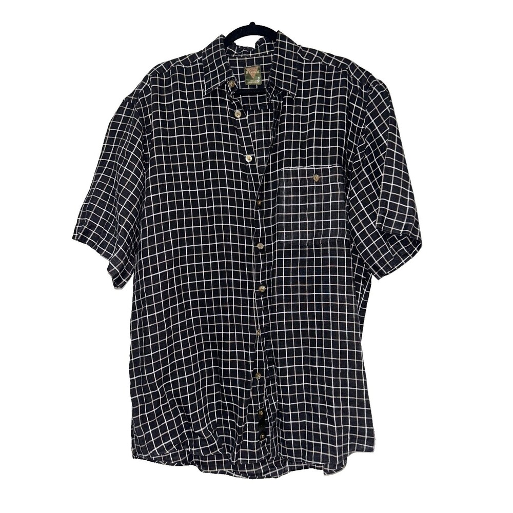 Scott Barber Men's Linen Plaid Button Down Shirt size L Short Sleeve